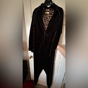 Black Velour Tracksuit with Leopard Print Accents